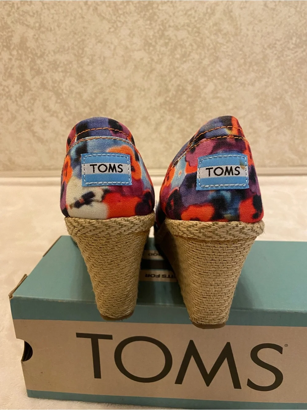 TOMS Orange Multicolored Floral Peep-Toe Espadrille Wedges